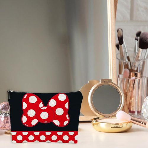 AMHGLW Makeup Bag For Woman,Makeup Bag Organizer,Cosmetic Pouch-Multifunctional Toiletry Bag-Red & White Speckle Bow Cartoon Print Canvas Zipper Cosmetic Bag-Gift For Family & Friends-A19