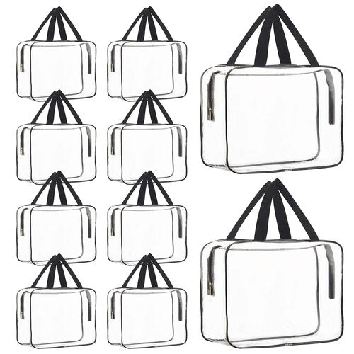 Merkaunis 10 Pack 12 x 9 inch Large Clear Makeup Cosmetic Organizer Bag with Handle PVC Plastic Toiletry Pouches with Zipper Transparent Makeup Bag, Plastic Tote Bags for Beach, Traveling