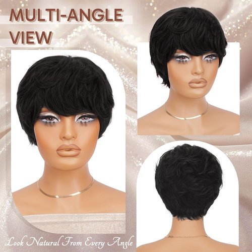RUWISS Pixie Cut Human Hair Wig – Short Wigs for Black Women with Bangs, Natural Layered Wavy Wig, Glueless, 1B#