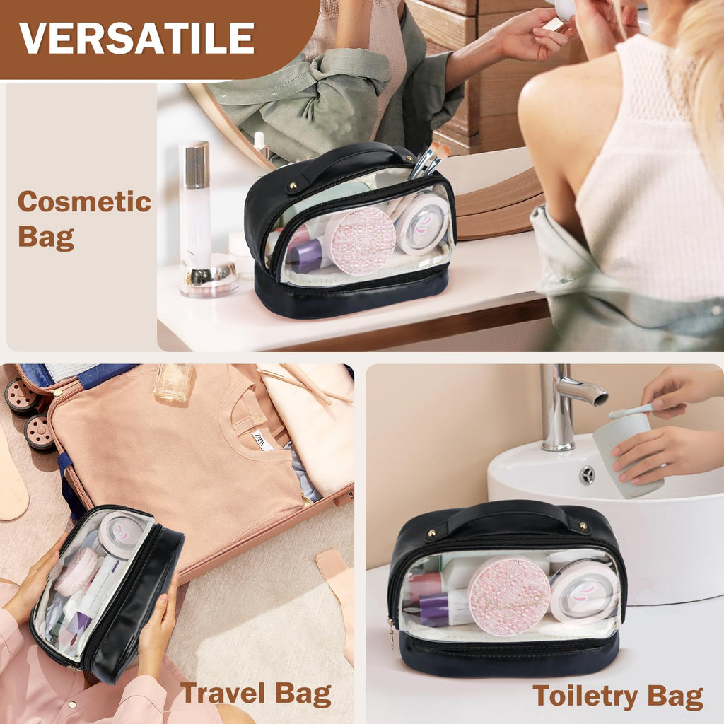 Yowivon Black Makeup Bag Organizer Travel Clear Cosmetic Bags for Women, Leather Waterproof Travel Size Skincare Make Up Bag Toiletry Bag, Graduation Birthday Gifts for Women Girls