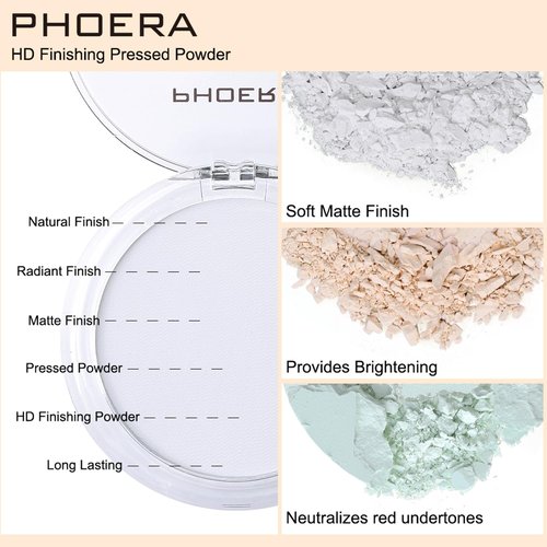 PHOERA Foundation Pressed Face Powder - Silky Soft Focus Setting Powder for Shine-Free Skin | 0.28 Oz (003 Mint Green)