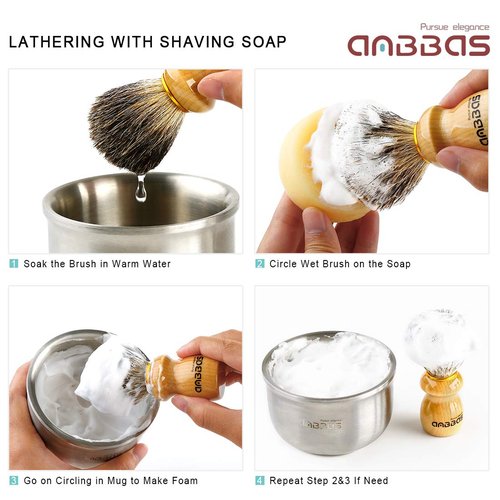 Anbbas Badger Hair Shaving Brush with Wood Handle,Stainless Steel Razor and Brush Stand, Shaving Bowl with Shaving Soap Bar 4in1 Set for Men Wet Shave