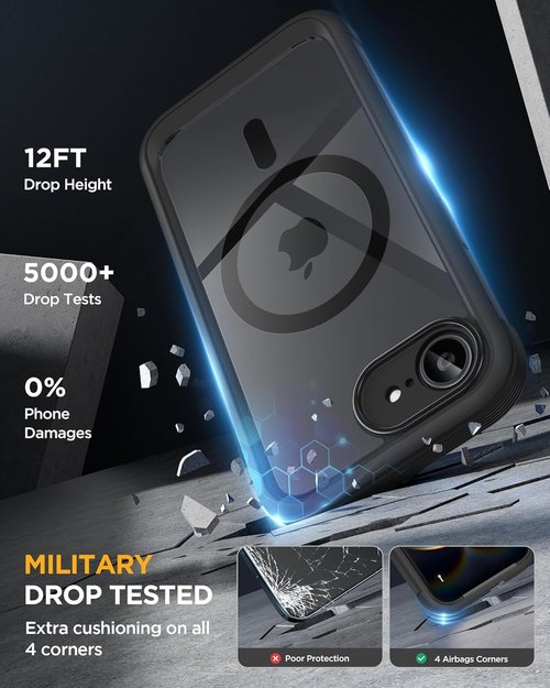 Miracase iPhone 17e & 16e Case - Full-Body Protection with Built-in Glass Screen Protector | Military Drop Proof, Black 6.1 Inch