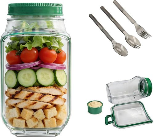 Portable Salad Jar by [Brand Name] - Leakproof Dressing Container, Removable Lid Converts to Bowl, Food Grade, Dishwasher Safe