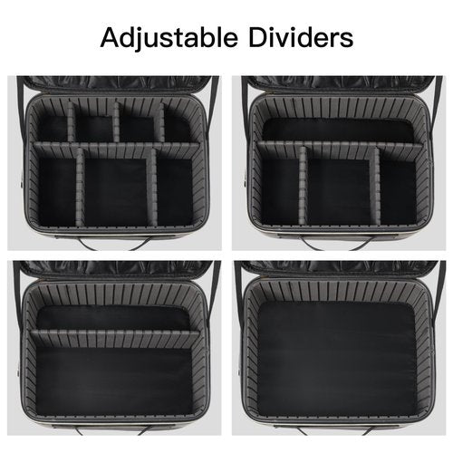 Makeup Travel Case, 12 Inch Makeup Organizer Bag with Compartment and Dividers, Portable Cosmetic Bag for Women with Brush Storage Sturdy Dual Zip Closure, Waterproof, Durable, Gift for Her, Black