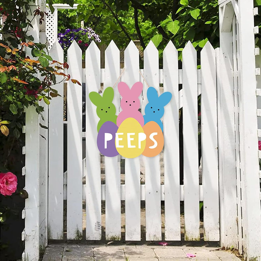 Welcome Peeps Easter Wreath - Cute Bunny Wood Hanging Sign for Farmhouse Door Decor