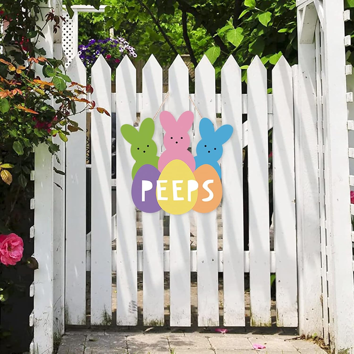 Welcome Peeps Easter Wreath - Cute Bunny Wood Hanging Sign for Farmhouse Door Decor
