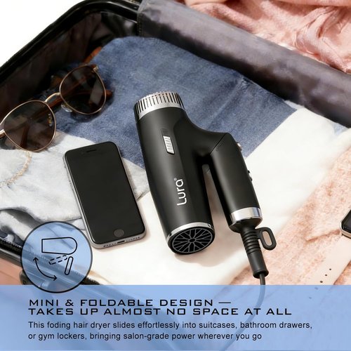 LURA Dual Voltage Travel Hair Dryer - Compact & Lightweight Mini Blow Dryer with Diffuser (Black)