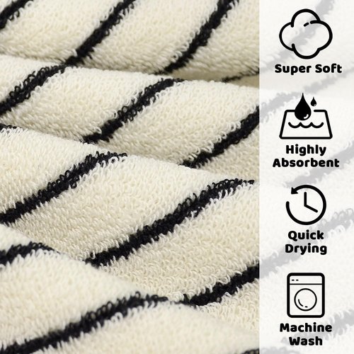 Jacquotha Striped Cotton Washcloths 4 Pack, 13” x 13” - Soft Wash Cloths for Bathroom, Kitchen, Gym, Face, Black and Cream