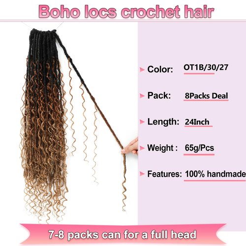 Boho Faux Locs Crochet Hair 18 Inch Goddess Locs 8 Packs Boho Soft Locs Crochet Hair with Curly Ends Pre-looped Long Bohemian River Locs for Black Women (OT30/27, 24 Inch(Pack of 8))