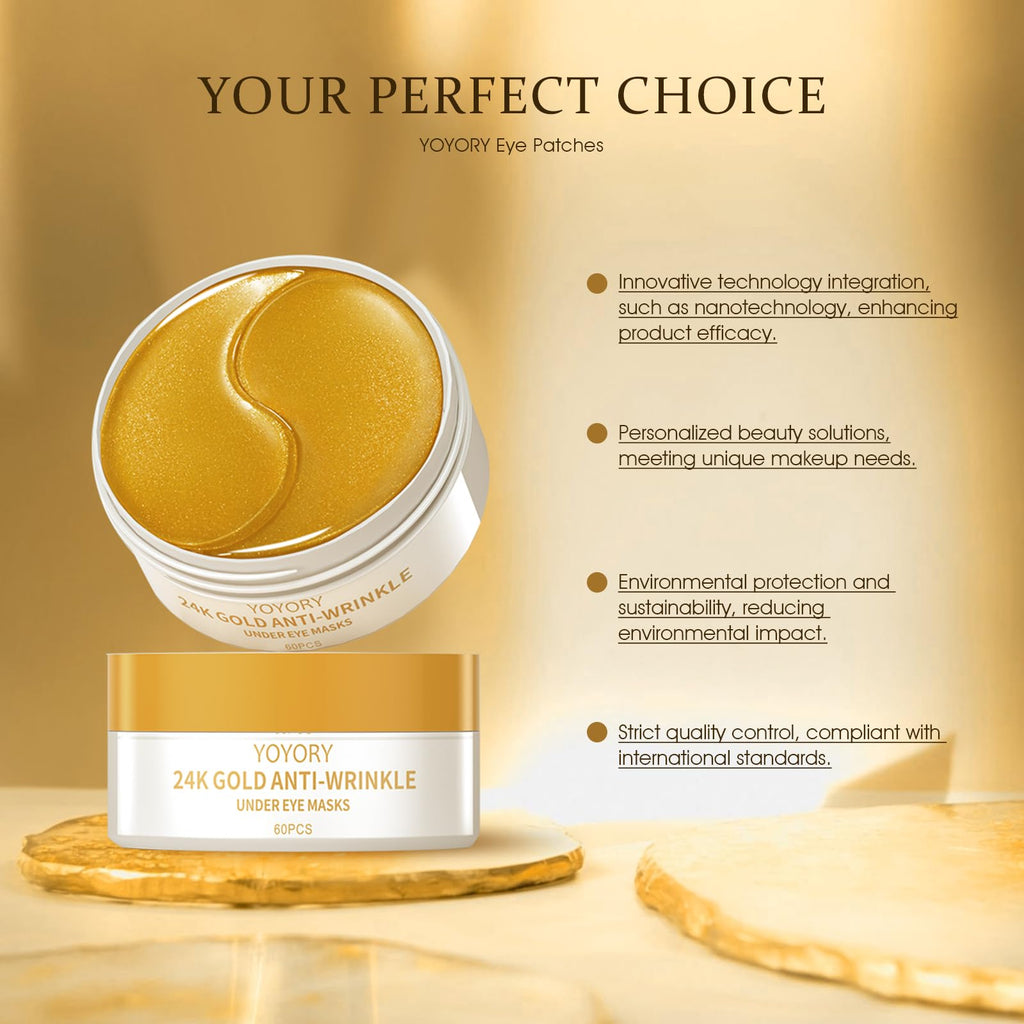 YOYORY Under Eye Patches Masks - 24K Gold Eye Patch for Dark Circles & Puffy Eyesg,Fine Lines,Eye Bags, Wrinkle,Contains Caffeine and Collagen, Hydration for Women and Men, (60 Pcs) Gold