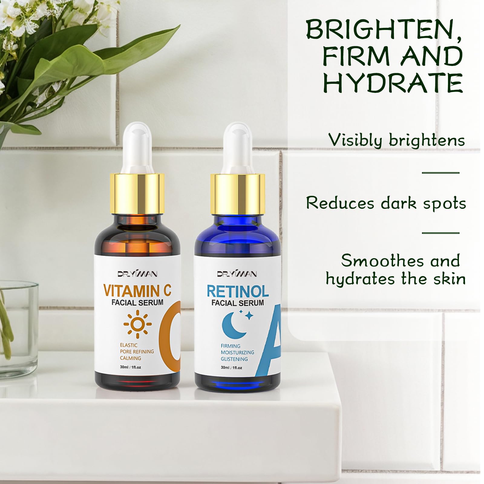 Vitamin C Serum with Hyaluronic Acid & Retinol Serum for Face - Day & Night Set to Brighten, Hydrate & Improve Skin Firmness for All Skin Types, Men & Women