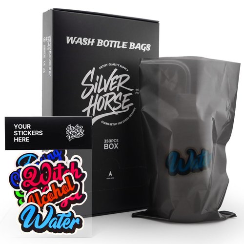 350pcs Wash Bottle Bags with 6pcs Sticker Labels - Tattoo Bottle Bags for 500ml/16.9oz, 6.0×9.4 Inch Plastic Covers, Professional Tattoo Supplies & Accessories (Black)
