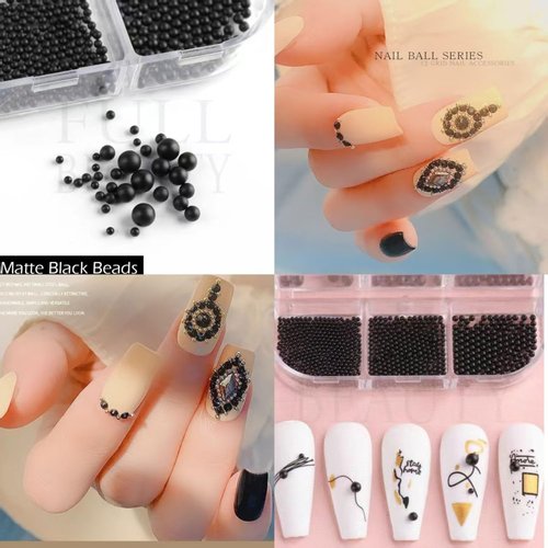Chunmeng 0.8-3MM Mini Small Finger Nail Beads Metal Caviar Nail Accessories Nail Art Metal 3D Mixed Size DIY Accessories Beads Women's Nail Art（Black）