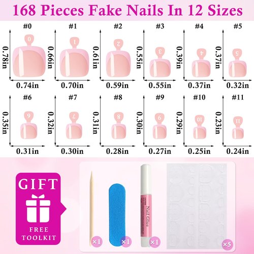 168pc Pink French Tip Press on Toenails Women Fake Toe Nails with Tabs, Nude Fake Toenails Press on Nails Toe Acrylic Nail Tips Short Square Glue Toenails Stick Artificial Toe Nails Press ons