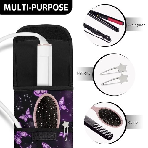 Flashideas Purple Butterfly Flat Iron Case Heat Resistant Neoprene Curling Iron Cover Bag with Pocket Curling Iron Organizers and Storage for Flat Iron, Straightener, Curling Wand/Curling Iron, CZB38