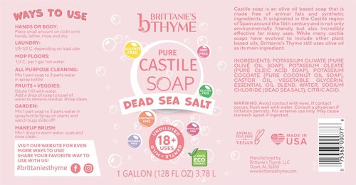 Brittanie's Pure Organic Castile Liquid Olive Oil Soap Refill, Dead Sea Salt, 1 Gallon | Face, Body Wash, Dishes, Pets & Laundry | Vegan & Gluten Free Non-GMO