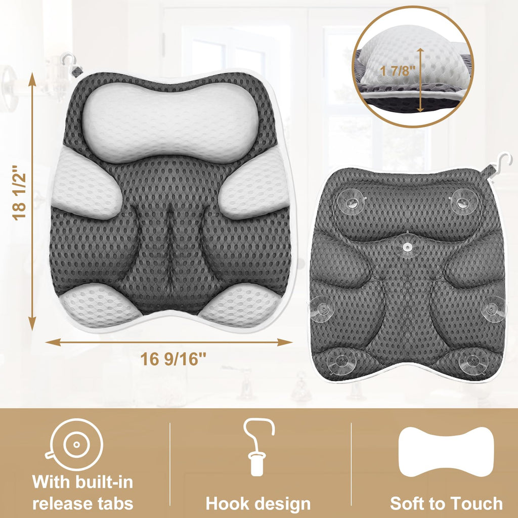 ZYIDBNG Bath Pillow for Tub Ergonomic Cat Shape Design Bath Pillow for Head and Neck Support SPA Gift Bathtub Pillow 4D Air-Mesh with 7 Suction Cups Washable Gray