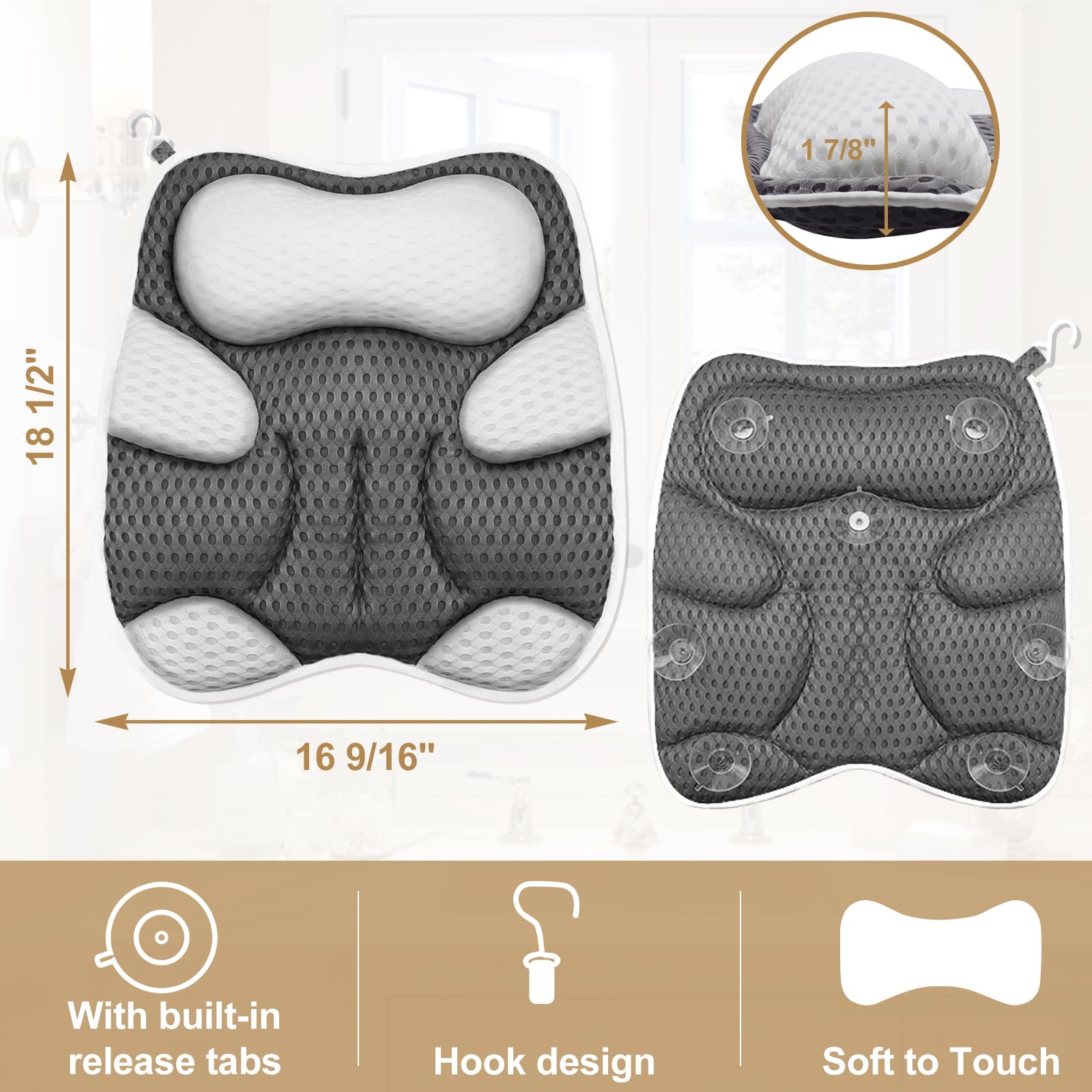 ZYIDBNG Bath Pillow for Tub Ergonomic Cat Shape Design Bath Pillow for Head and Neck Support SPA Gift Bathtub Pillow 4D Air-Mesh with 7 Suction Cups Washable Gray