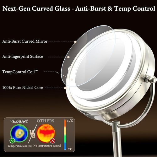VESAUR 2026 Upgraded 20X lighted makeup mirror with magnification, 9" 1X10X Magnifying Mirror with 3 Color Modes & Adjustable Brightness, 5000mAh Rechargeable Vanity Mirror, 360° Swivel, Nickel, Gifts