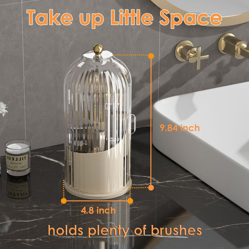 YOOLENS Makeup Brush Holder with Lid 360 Rotating Clear Dustproof Make Up Organizers for Vanity Bathroom Countertop, White Beige