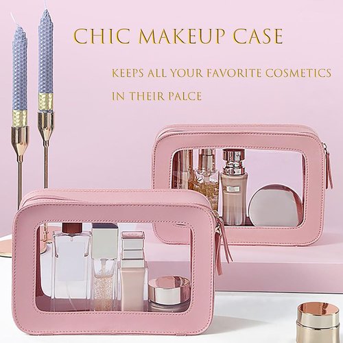 Skiennix Clear Waterproof Makeup Bag - Portable Travel Cosmetic Organizer for Women | Pink 2-Pack