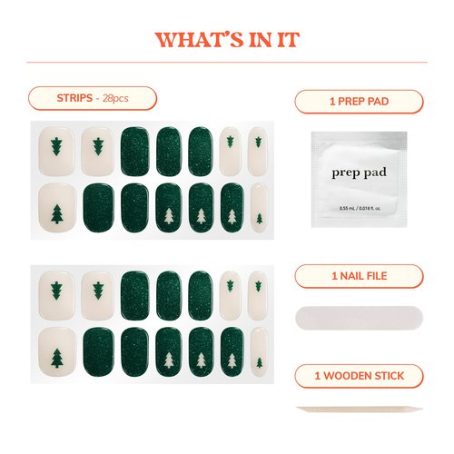 Heyhae Semi Cured Gel Nail Strips | No LED Lamp Needed | Glitter, Green | Easy Apply & Remove, Salon Quality | Includes 28 Strips, 1 Prep Pads, Nail File & Wooden Stick - Hey, I’m Pining for You