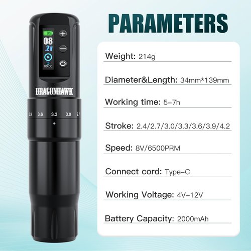 Dragonhawk Atom2 Pro Cordless Tattoo Pen Machine - 7 Storkes Length Professional Rotary Tattoo Gun for Lining Shading Mcore Motor 2000mAh Battery Power Supply (1 Battery)