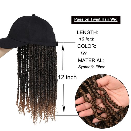 AliRobam Hat Wig Baseball Cap with Short Pre-Twisted Passion Twist Hair Extensions Ombre Brown Synthetic Curly Ends Braids Sewed in Adjustable Black Baseball Hat Wig for Black Women(12inch, T27)