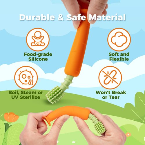 Papablic Baby Toothbrush Teether, 360° Carrot Toothbrush Teething Toy with Suction Base, Easter Gift Travel Essentials for Toddler Infants 6-12 Months