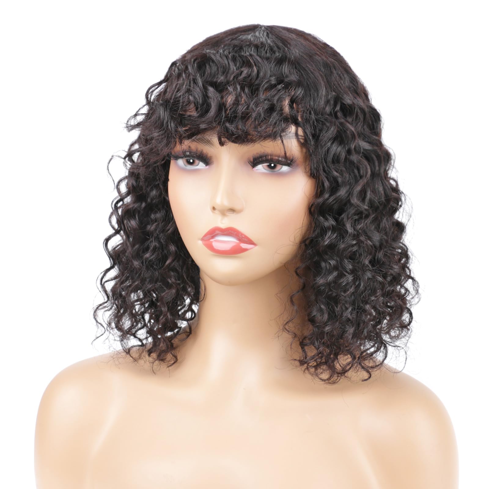 VIYAVIYA Water Bob Wig With Bangs 14inch Short Curly Wigs for Black Women None Lace 130% Density Glueless Human Hair Water Wave Brazilian Hair wigs Natural Color