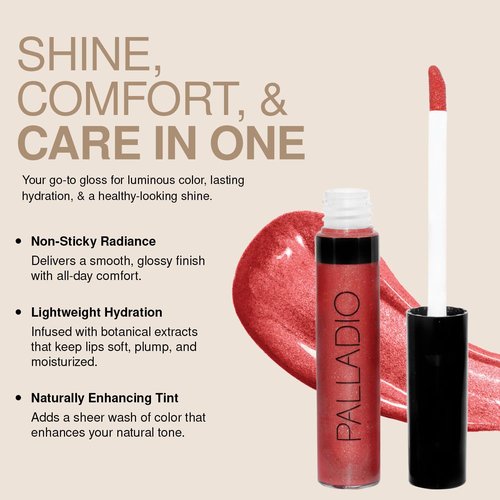Palladio Lip Gloss - Non-Sticky Formula with Vitamin E & Aloe for Intense Color | Sheer Bronze Finish