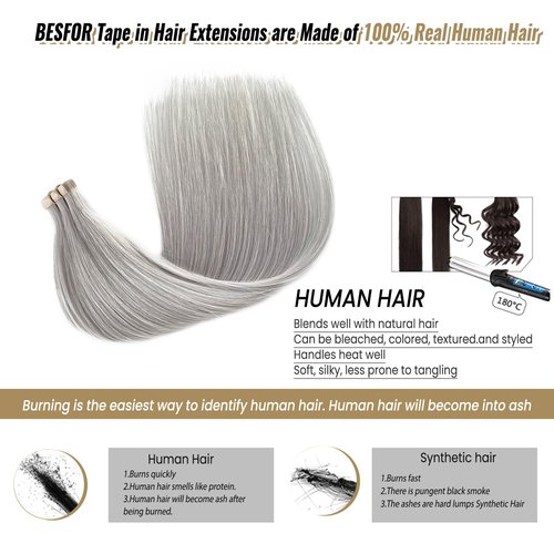 Platinum Silver Invisible Seamless Tape in Hair Extensions Human Hair 16inch Silver Grey Double Sided Pu Hair Extensions Tape ins Human Hair for Women 50g/Pack