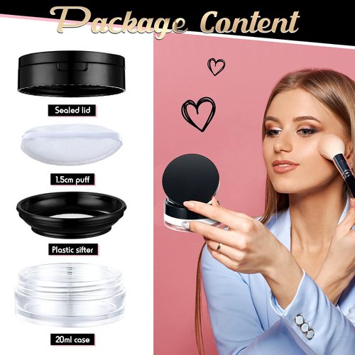 Cunhill Loose Powder Container Set - Reusable Plastic Cases with Puff & Mirror | 0.17/0.7 oz, Silver & Black