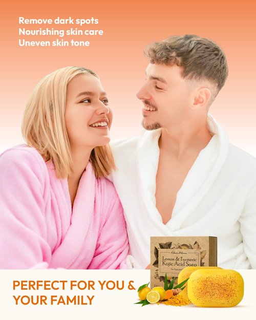 KlearBloom Lemon Turmeric Kojic Acid Soap – Exfoliating Soap with Almond Particles for Dark Spots, Vitamin C and Extra Shea Butter, Gentle Brightening & Moisturizing for Face and Body – 105g x 2 Bars