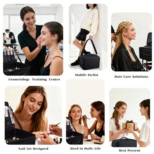 Costravio Makeup Bag Organizer Large Makeup Case Backpack Professional 2 Layers Cosmetic Storage Organizer Brush Slot with 3 Clear Set Bags for Makeup Artists with Shoulder Strap Adjustable Dividers