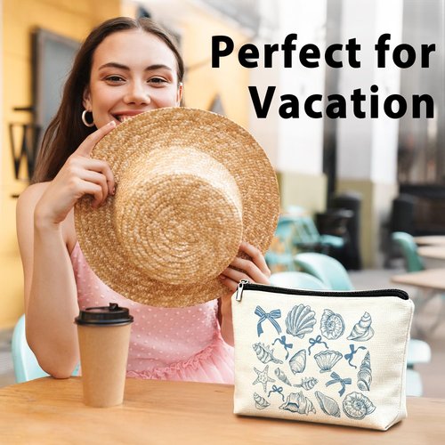 LIANGW Beach Makeup Bag & Travel Pouches for Toiletries, Beach Themed Gifts, Blue Seashell Cosmetic Bags for Women, Preppy Zipper Makeup Pouch for Women Ocean Sea Shells Makeup Bag Summer Stuff