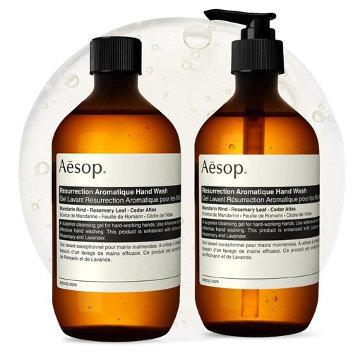 Aesop Resurrection Aromatique Hand Wash & Refill - Gentle Non-Drying Gel with Orange, Rosemary & Lavender Oils | 16.9oz / 500mL (Pack of 2)