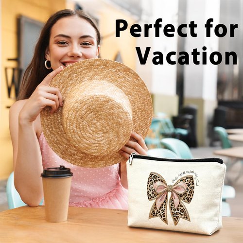 LIANGW Coquette Leopard Print Bow Christian Makeup Bag, She Is Worthy Blue Girly Cosmetic Bags for Women, Christian Gifts for Women, Preppy Aesthetic Zipper Makeup Pouch