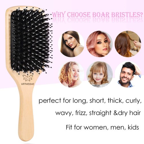 Skiennix Boar Bristle Hair Brush - Smooths Thick, Curly, or Thin Hair | Ideal for Wet & Dry Use