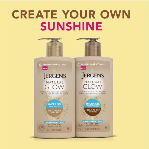 Jergens Natural Glow Hydra Gel Moisturizer, Hyaluronic Acid Tanning Lotion, Hydrating Tanning Gel, Fragrance-Free Self Tanner, Fair to Medium Skin Tones, 8.3 Fl Oz