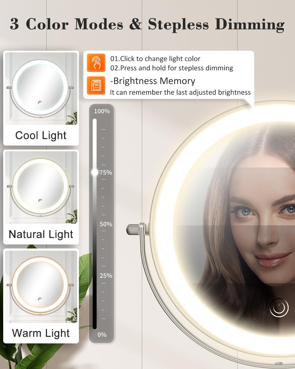 vpu 9" Wall Mounted Makeup Mirror with Light, 20X/1X Height Adjustable Double Sided Magnifying Bathroom Lighted Mirror, 3 Color Touch Dimmable Extended Arm 360 Rotation Light up Magnification Mirrors