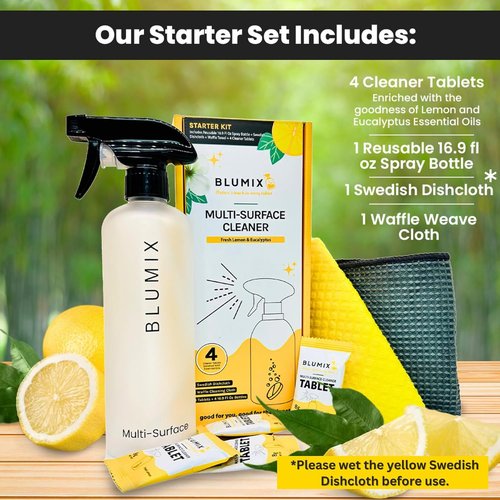 Skiennix Multi-Surface Cleaner Refill Starter Set - Eco-Friendly, Biodegradable, Plastic-Free | 4 Count + Spray Bottle
