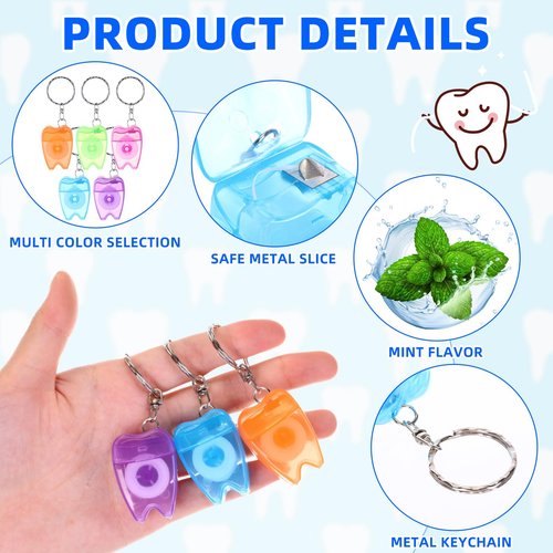 Landical 50 Pcs Mini Dental Floss Keychain Bulk Tooth Shaped Portable Floss Cleaning for Travel Homeless Donated Gifts Teeth Cleaning Oral Care 15 M /16.4 Yard (Multicolor)