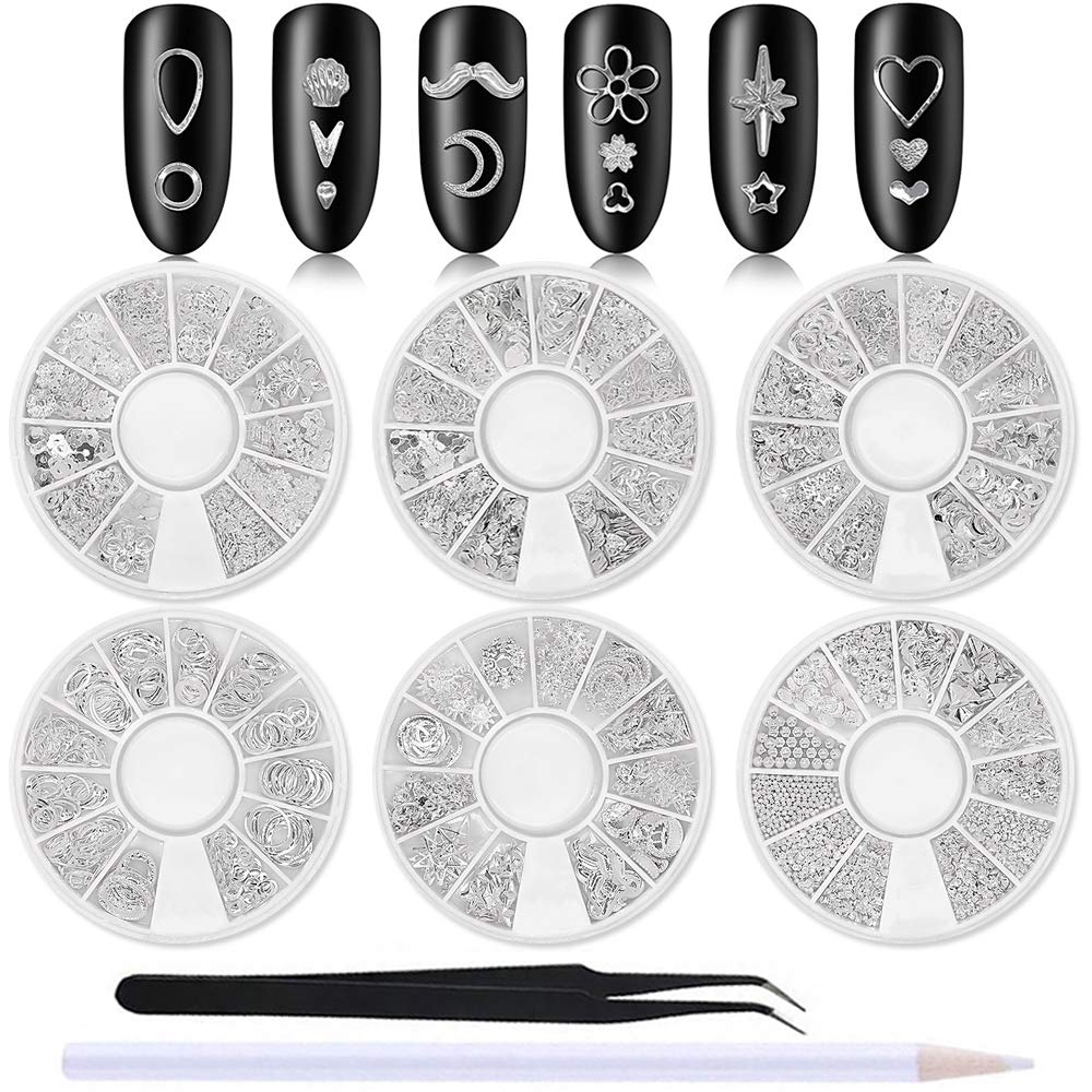 WOKOTO 6 Boxes Silver Hollow Nail Art Studs Set Nail Charm 3D Flower Diamond Manicure Rivet Kit Nail Jewelry Decorations With 1Pc Tweezers And Picker Pencil