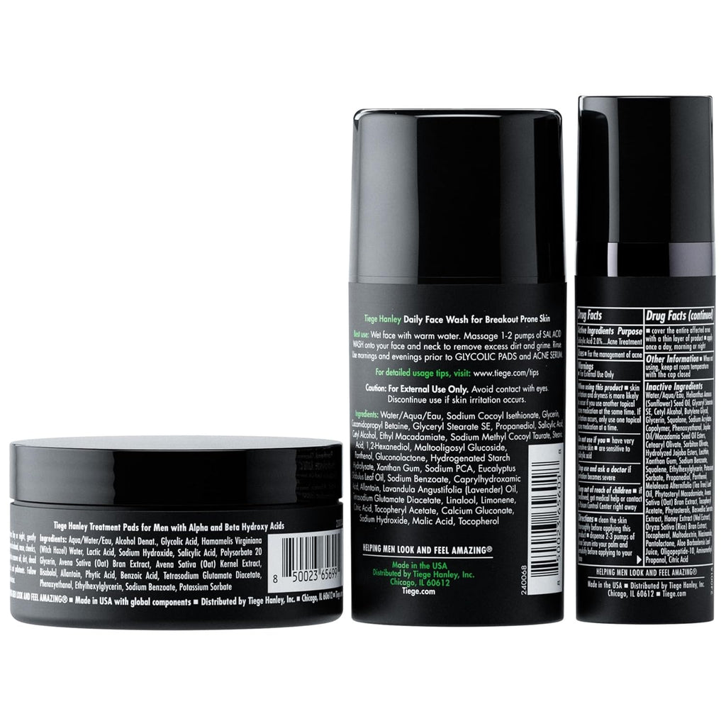 Tiege Hanley Acne Treatment Set for Men - Level 1 Skin Care System with Salicylic Acid & Glycolic Pads | 3-Piece Kit