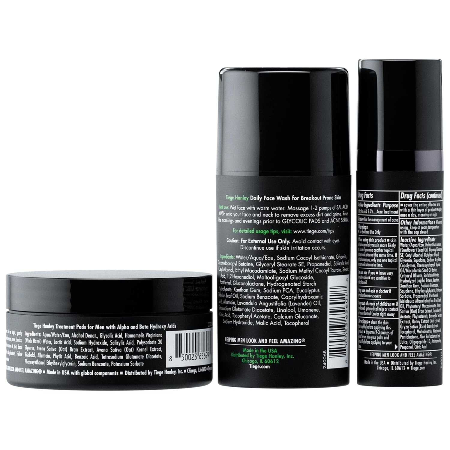 Tiege Hanley Acne Treatment Set for Men - Level 1 Skin Care System with Salicylic Acid & Glycolic Pads | 3-Piece Kit