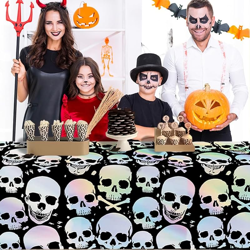 Halloween Skull Tablecloth Disposable 3 Pack - Iridescent 54 x 108 Inch Party Cover