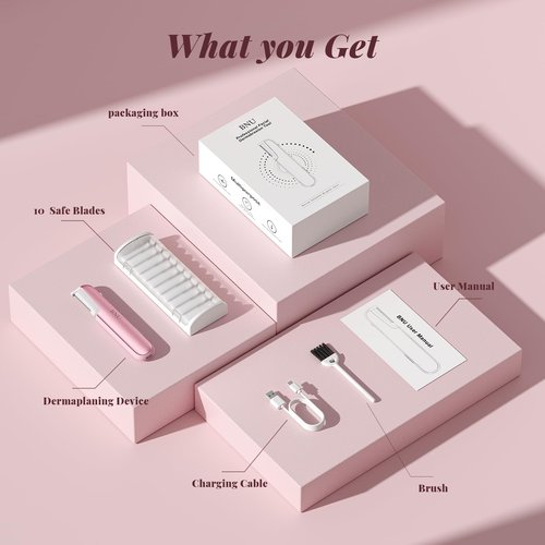 Dermaplane Razor for Women Face, BNU Facial Hair Remover for Anti-Aging - Rechargeable - LED Light - Sonic Edges - 3 Speeds, Ergonomic Handle Face Dermaplaning Tool 10 Weeks, Pink