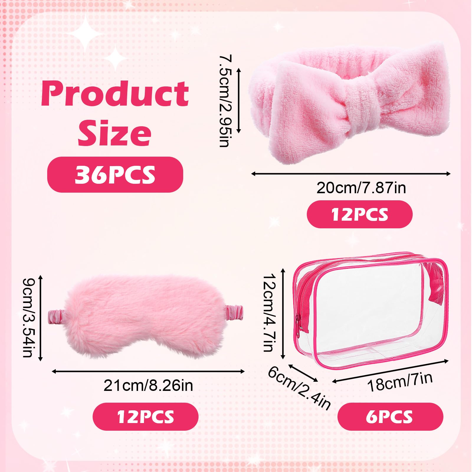 Yuanan 36 Pcs Spa Headband for Women, Makeup Cosmetic Headband for Women 12 Spa Headbands Plush Sleep Eye Mask 12 Clear Cosmetic Bags Sleepover Party Supplies for Girls Christmas Spas Party Favors